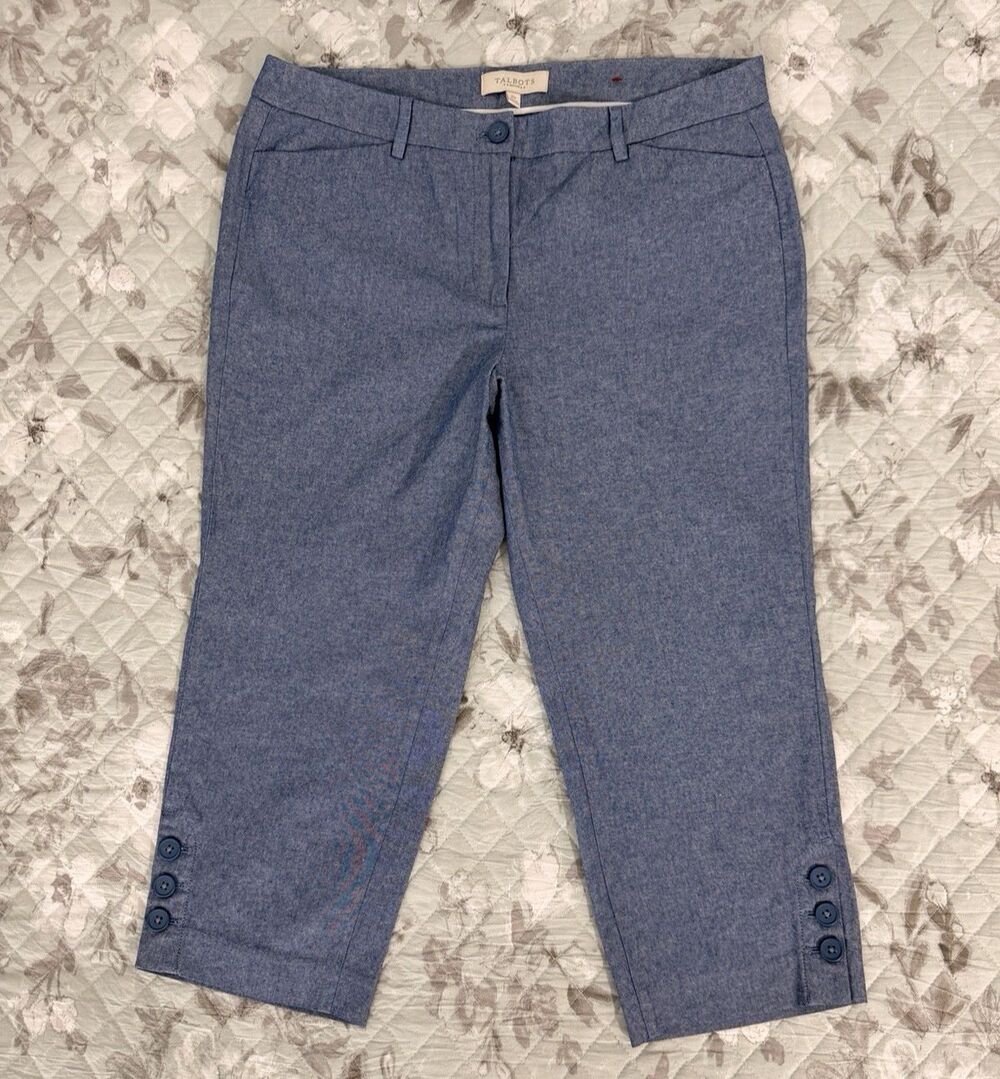 Talbots Petite Blue Chambray Crop Pants Women 12P Cotton Button Hem Capri Ankle